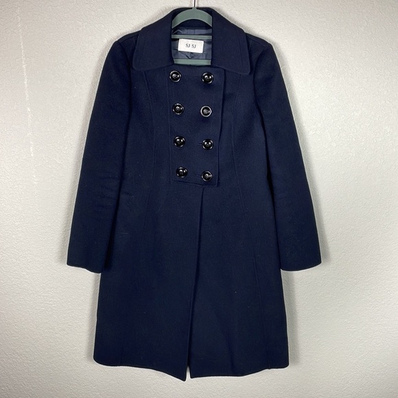 SJSJ Double Breasted Pea Coat Deep Navy Blue Angora Mink Wool Sz M - Picture 1 of 11